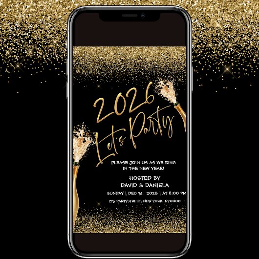 2026 Lets Party Black Gold New Year Invitation Einladung