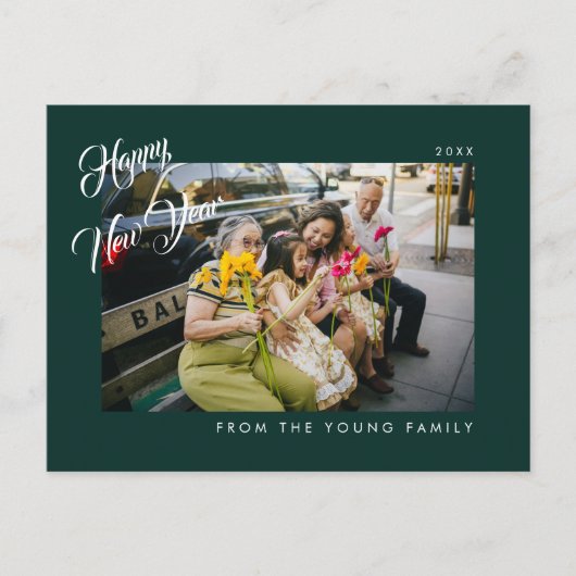 2026 Minimalist Modern Script Green Photo Postkarte (Vorderseite)