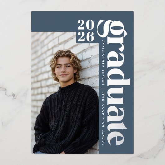 2026 Modern Blue 4 Photo Graduation Silver Folieneinladung (Vorderseite)