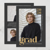 2026 Modern Charcoal & Warm Gold Graduation Einladung (Vorne/Hinten)
