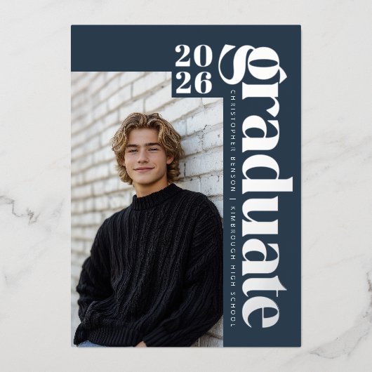 2026 Modern Graduate Blue Photo Graduation Silver Folieneinladung (Vorderseite)