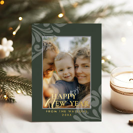 2026 Modern Minimalist Damask Typography Green Folien Feiertagskarte