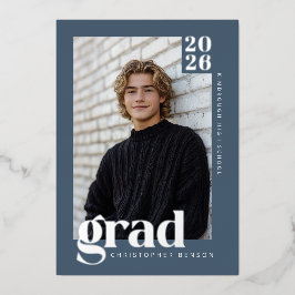 2026 Moderne Blaue 4 Foto-Abschluss Silber Folieneinladung