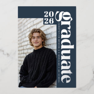 2026 Moderner Absolvent Blau Foto Abschluss Silber Folieneinladung