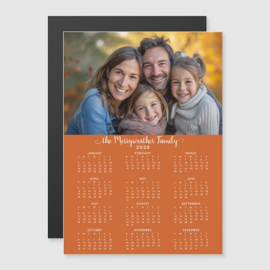 2026 Moderner Foto-Kalender für Burnt Orange Magnetkarte (Vorne/Hinten)