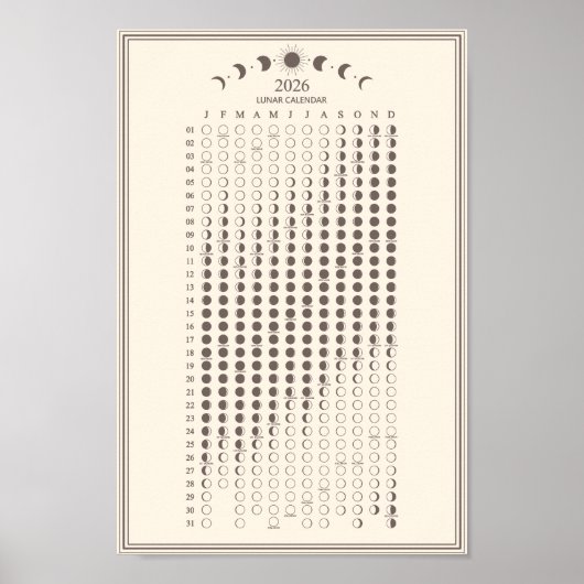 2026 Mondphasen-Lunar-Zyklen-Kalender Minimalist Poster (Vorne)