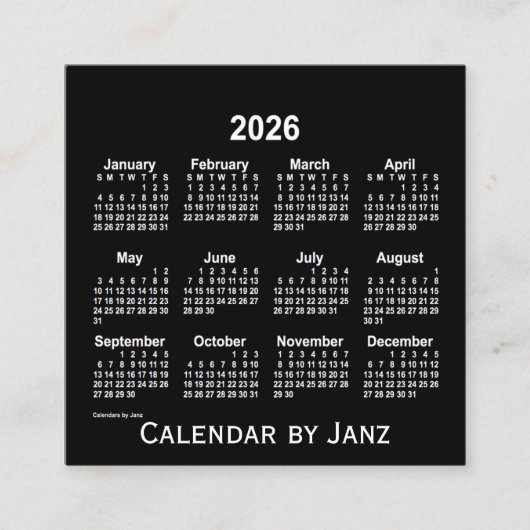 2026 Neon White Calendar von Janz Quadratische Visitenkarte (Vorderseite)