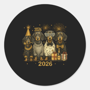 2026 Neujahr Dachshund Gold Vintage Party Kunst Runder Aufkleber