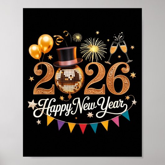2026 Neujahrsfeier Diskokugel Gold Festlichkeit Poster (Vorne)