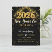 2026 New Year's Eve Party Black & Gold Glitter Einladung (Stehend Vorderseite)