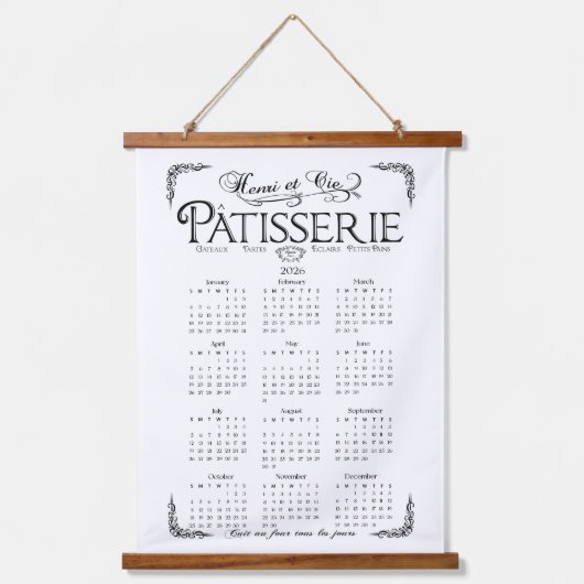 2026 Patisserie wall Calendar, Black and white Wandteppich Mit Holzrahmen (Vorderseite)