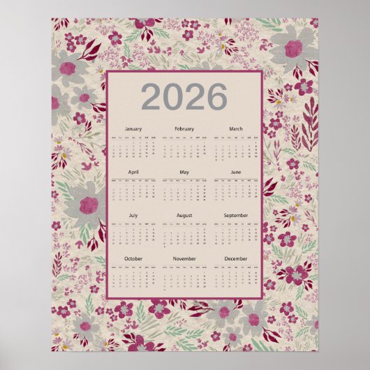2026 Pink Gray Floral Pattern Calendar Poster (Vorne)