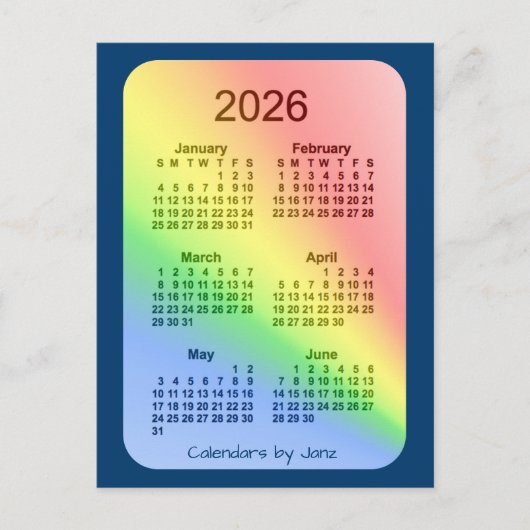 2026 Rainbow Blue 6 Month Mini Calendar by Janz Postkarte (Vorderseite)