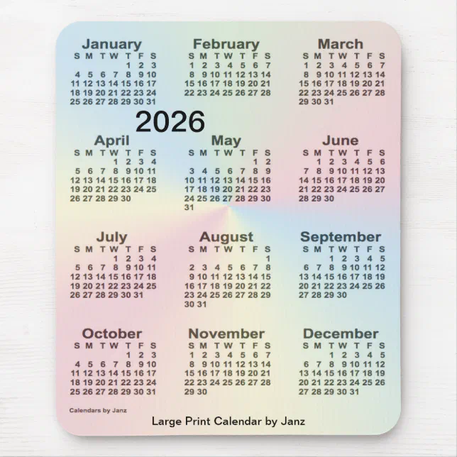 2026 Rainbow Cloud Large Print Calendar by Janz Mousepad Zazzle.de