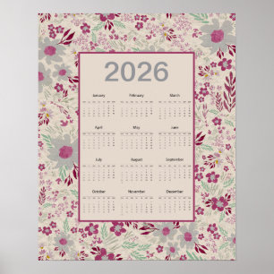 2026 Rosa Graues Blumenmuster-Kalender Poster