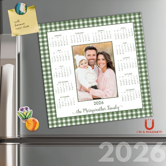2026 Rustikales Green Gingham Foto Magnetic Calend Magnetkarte