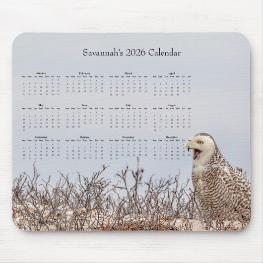 2026 Schneeeule Volljahres-Anpassbarer Kalender Mousepad (Vorne)