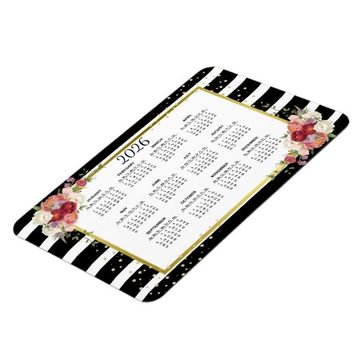 2026 Schwarz-weißer Streifen-Goldkalender Magnet (Linke Seite)