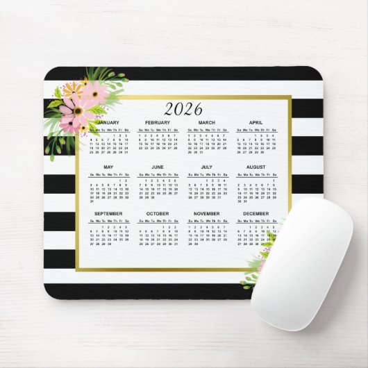 2026 Schwarz-weißer Streifen-Goldkalender Mousepad (Mit Mouse)