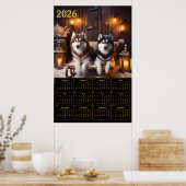 2026 Siberian Huskies on Sled Calendar Poster (Küche)
