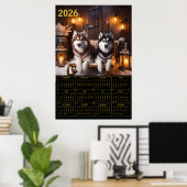 2026 Siberian Huskies on Sled Calendar Poster (Heimbüro)