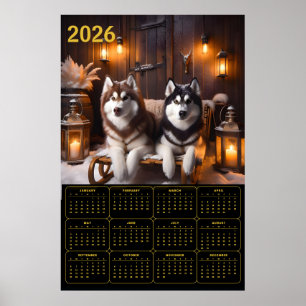 2026 Sibirische Huskies auf Schlitten-Kalender Poster