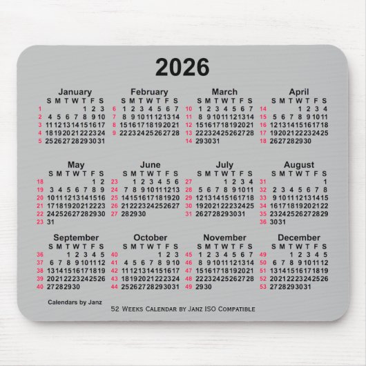 2026 Silver 52 Weeks ISO Calendar by Janz Mousepad (Vorne)