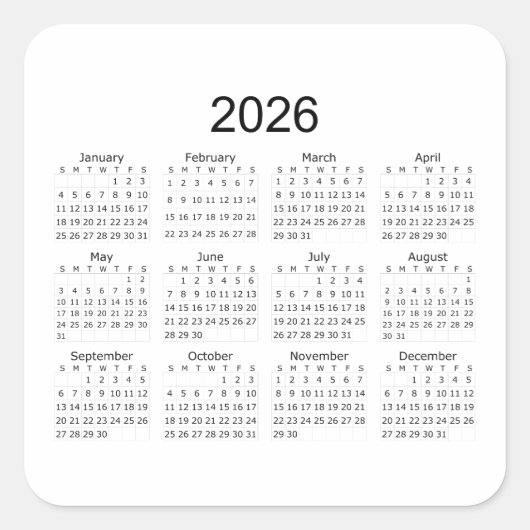 2026 Simple Minimalist Calendar Quadratischer Aufkleber (Vorderseite)
