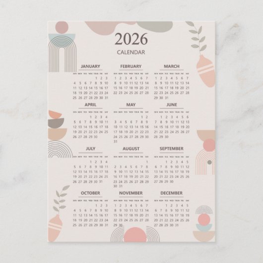 2026 Skandinavier Kalender Boho Ästhetik Beige Postkarte (Vorderseite)