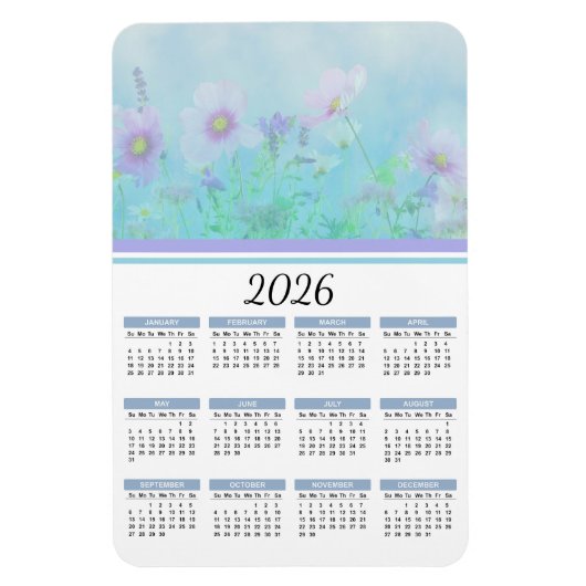 2026 Soft Blue Watercolor Floral Calendar Magnet (Vertikal)
