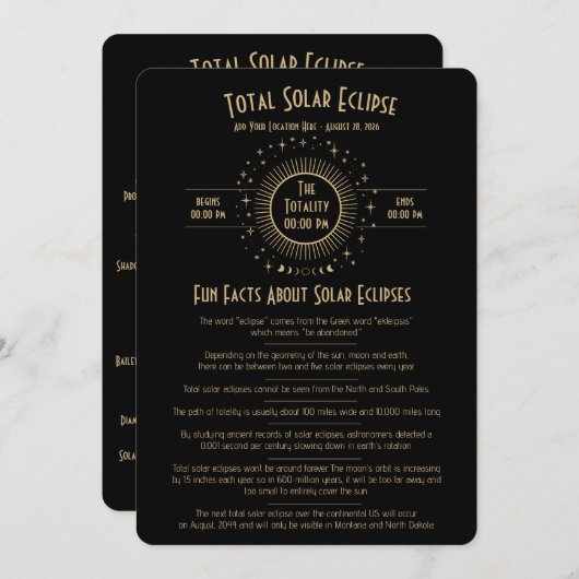 2026 Solar Eclipse Celestial Stars Black Fun Facts Einladung (Vorne/Hinten)