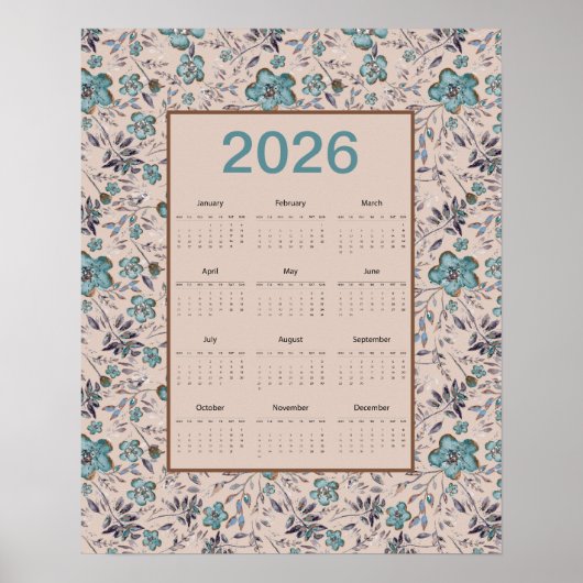 2026 Teal Flowers Calendar Poster (Vorne)
