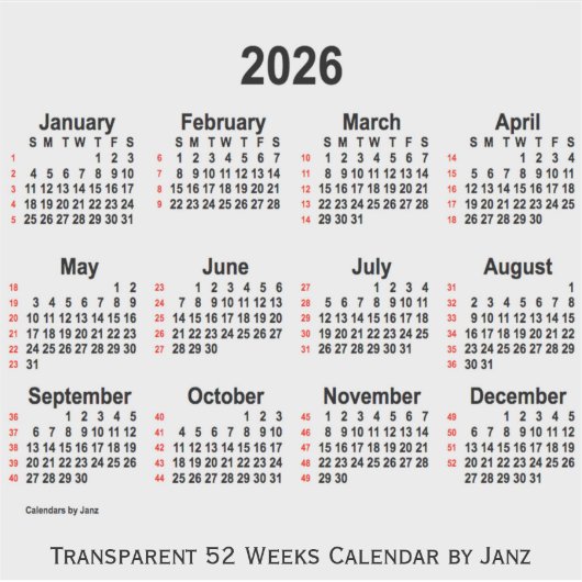 2026 Transparenter 52-Wochen-Kalender von Janz Aufkleber (Vorderseite)