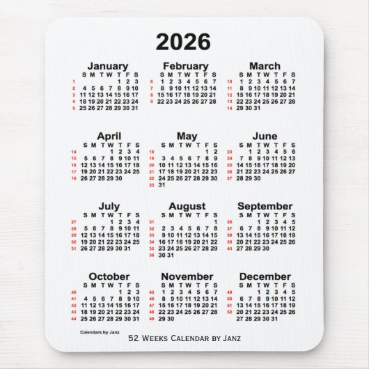 2026 Weißer 52-Wochen-Kalender von Janz Mousepad (Vorne)