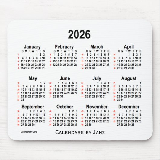 2026 Weißer 52-Wochen-Kalender von Janz Mousepad (Vorne)