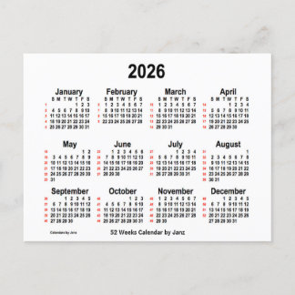 2026 Weißer 52-Wochen-Kalender von Janz Postkarte