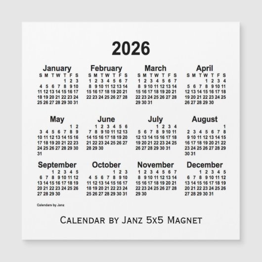 2026 Weißer Kalender von Janz 5x5 Magnet (Vorderseite)