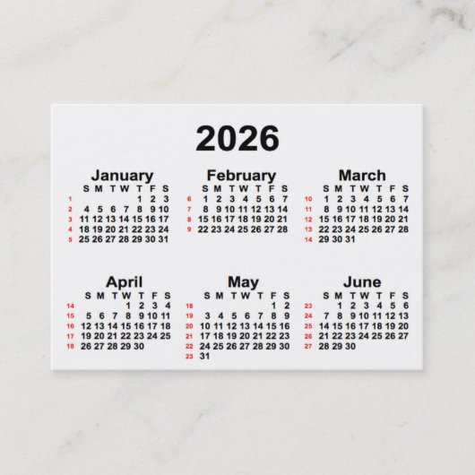 2026 White 52 Week Calendar by Janz Business Cards Visitenkarte (Vorderseite)