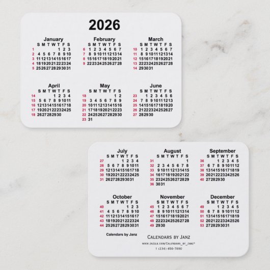 2026 White 52 Week ISO Calendar by Janz Visitenkarte (Vorne/Hinten)