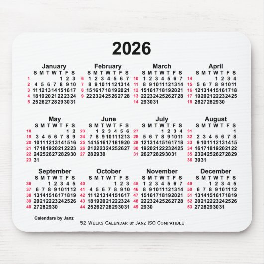 2026 White 52 Weeks ISO Calendar by Janz Mousepad (Vorne)