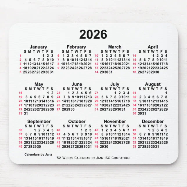 2026 white 52 weeks iso calendar by janz mousepad zazzle de