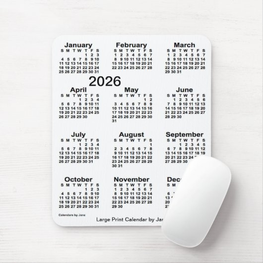 2026 White Large Print Calendar von Janz Mousepad (Mit Mouse)