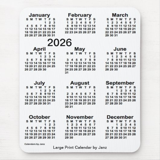 2026 White Large Print Calendar von Janz Mousepad (Vorne)