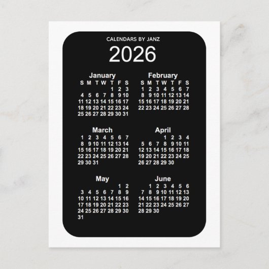 2026 White Neon 6 Month Mini Kalender von Janz Postkarte (Vorderseite)