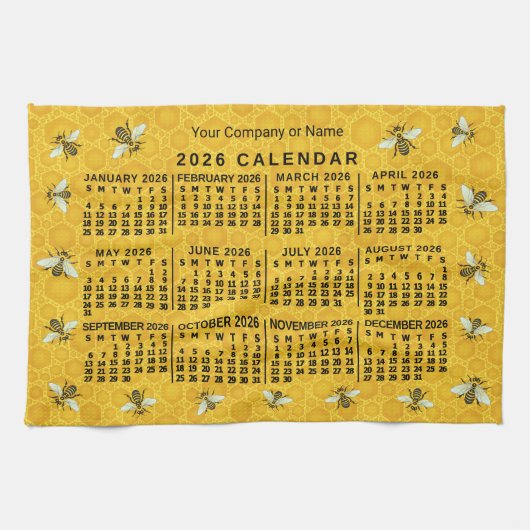 2026 Year Calendar Bee Honeycomb Apiary Custom Geschirrtuch (Horizontal)