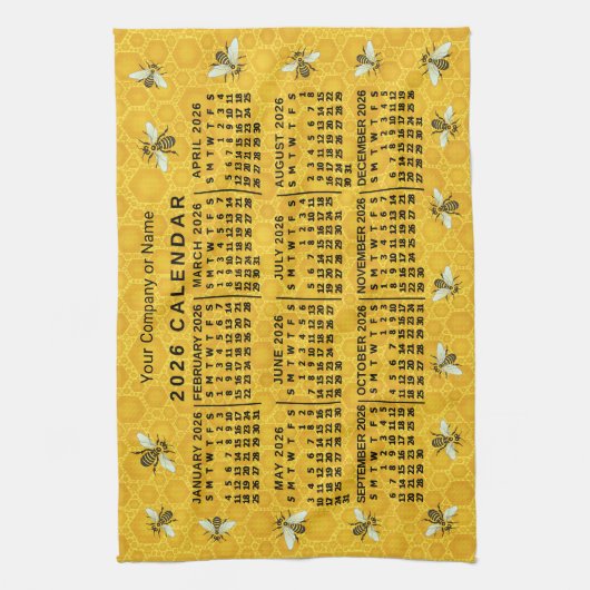 2026 Year Calendar Bee Honeycomb Apiary Custom Geschirrtuch (Vertikal)