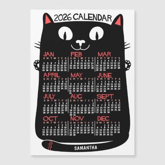 2026 Year Calendar Mid-Century Black Cat Magnet (Vorderseite)