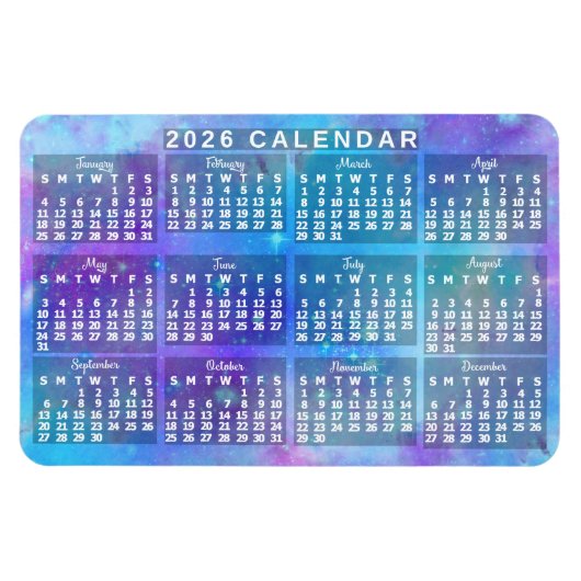 2026 Year Monthly Calendar Blue Watercolor Stars Magnet (Horizontal)