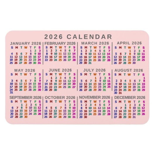 2026 Year Monthly Calendar Blush Pink Colorful Magnet (Horizontal)