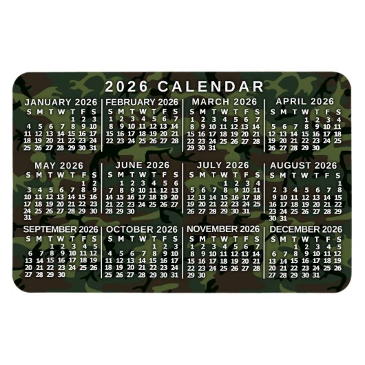 2026 Year Monthly Calendar Camouflage Camo Green Magnet (Horizontal)